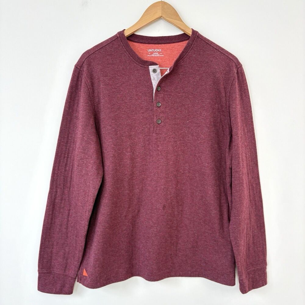 UNTUCKit Henley Shirt Mens Sz L Red Long Sleeve Cotton Blend Grassi Regular Fit